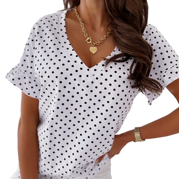 LAPA Women's Loose Casual Short Sleeve V-Neck Polka Dot Top T-Shirt Blouse - Picture 1 of 8